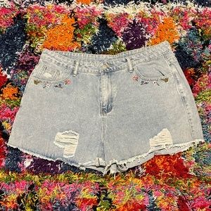 Embroidered Ripped Denim Shorts